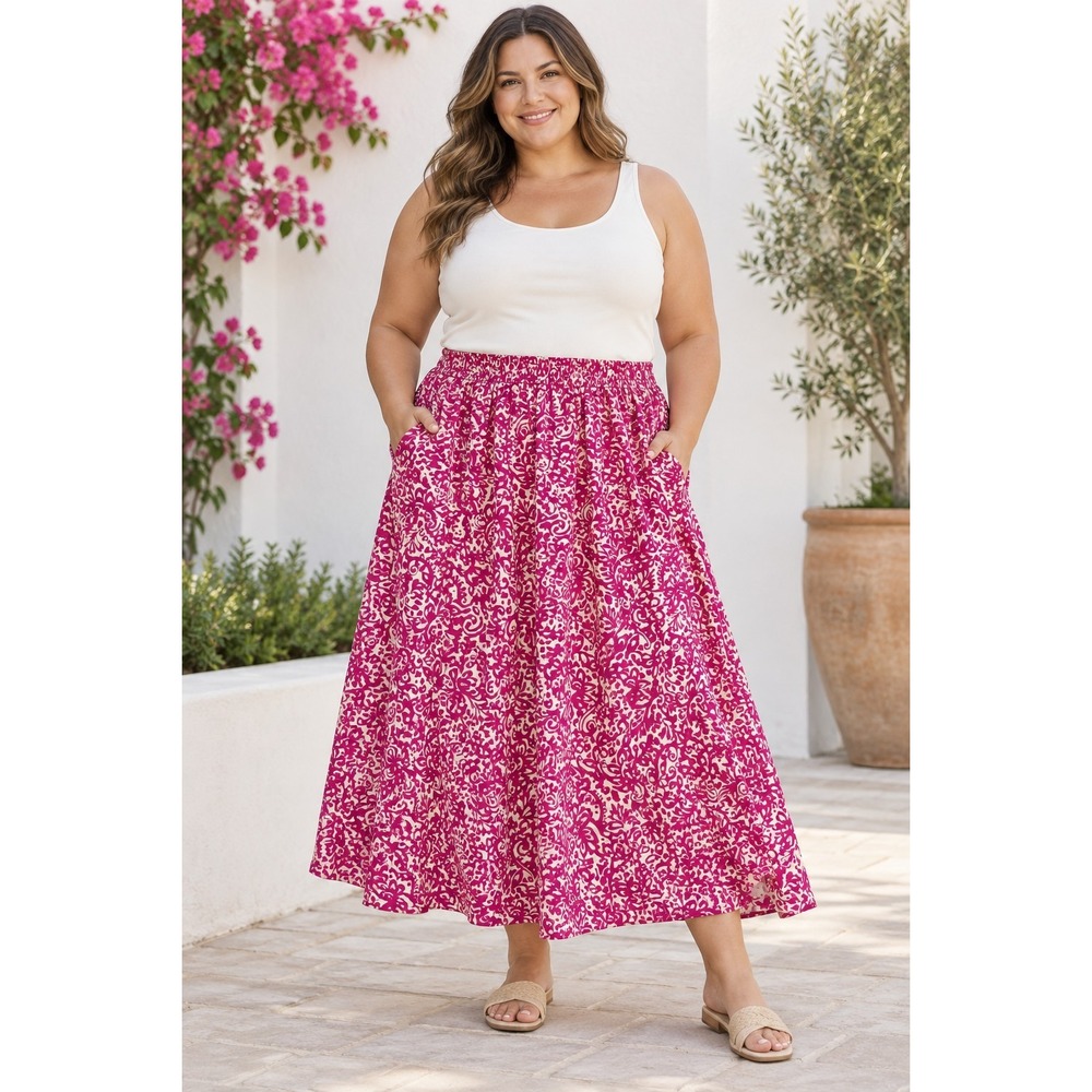NWT Terra & Sky 2X Dark Azalea Paisley Midi Skirt Elastic Waist Pockets Plus